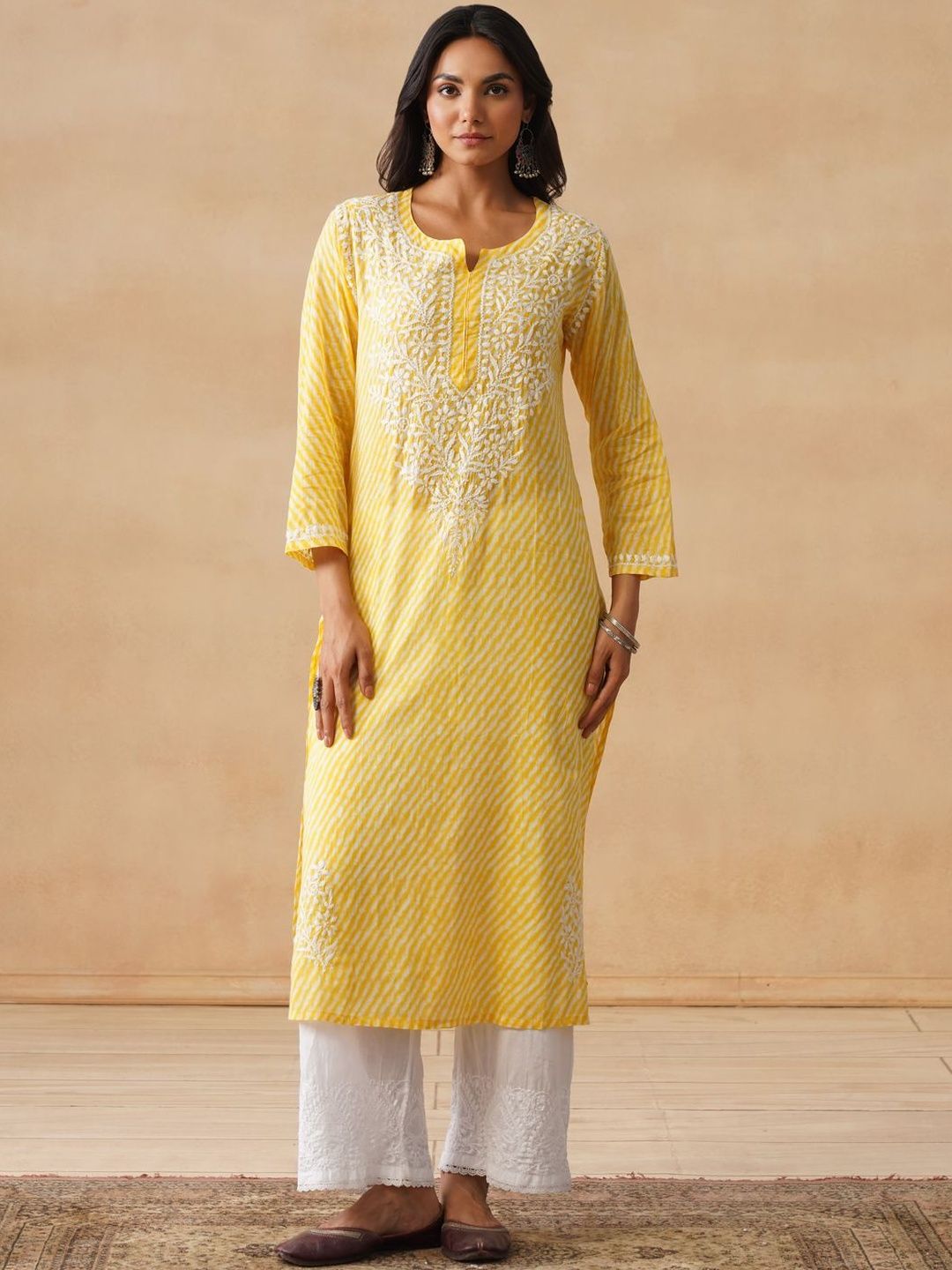 Kurta Bercetak Kuning Rumah Wanita Chikankari