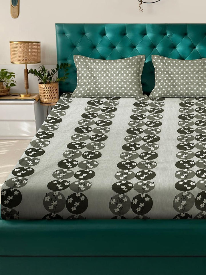 KLOTTHE Olive Floral Printed Cotton 400 TC King Bedsheet Sets 2.5 m x 2.25 m