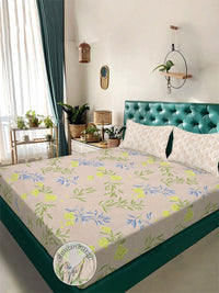 Myntra Elegant Homes Beige & Blue Floral 300 TC Cadar Katil King dengan 2 Sarung Bantal