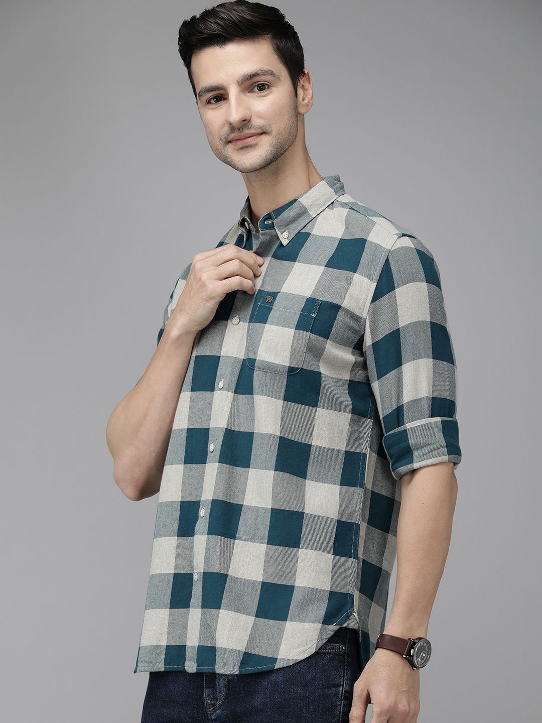 THE BEAR HOUSE Men Teal Blue Pure Cotton Checked Slim Fit Flannel Shirt