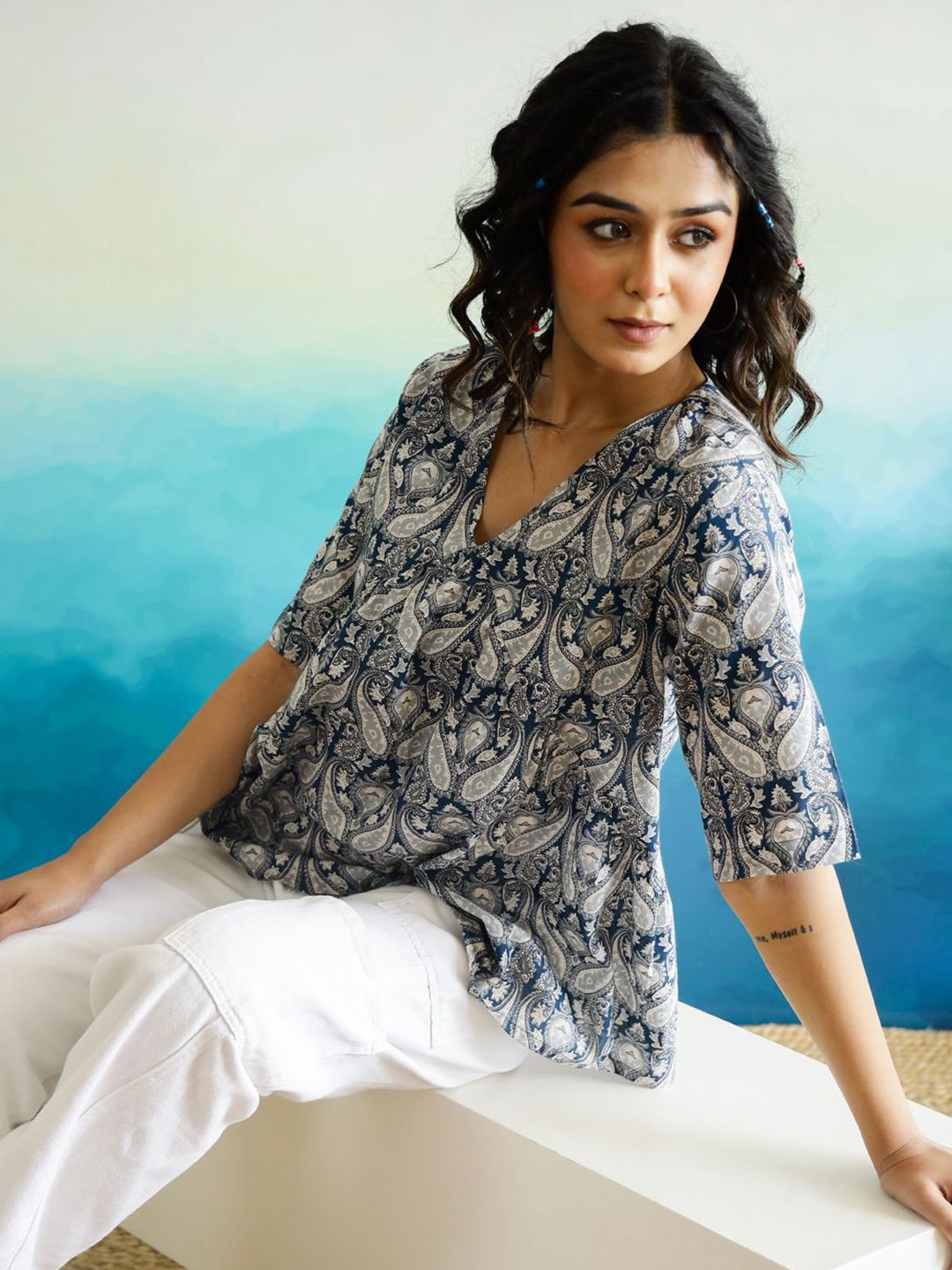 SANSKRUTIHOMES Women Ethnic Motifs Printed Pure Cotton Top