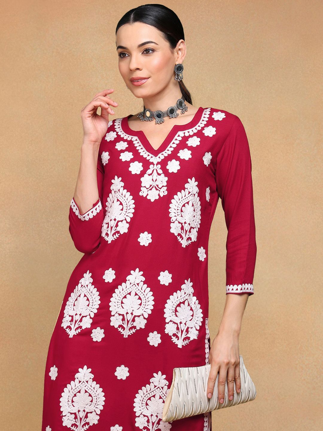 KALINI Round Neck Thread Work Straight Kurta