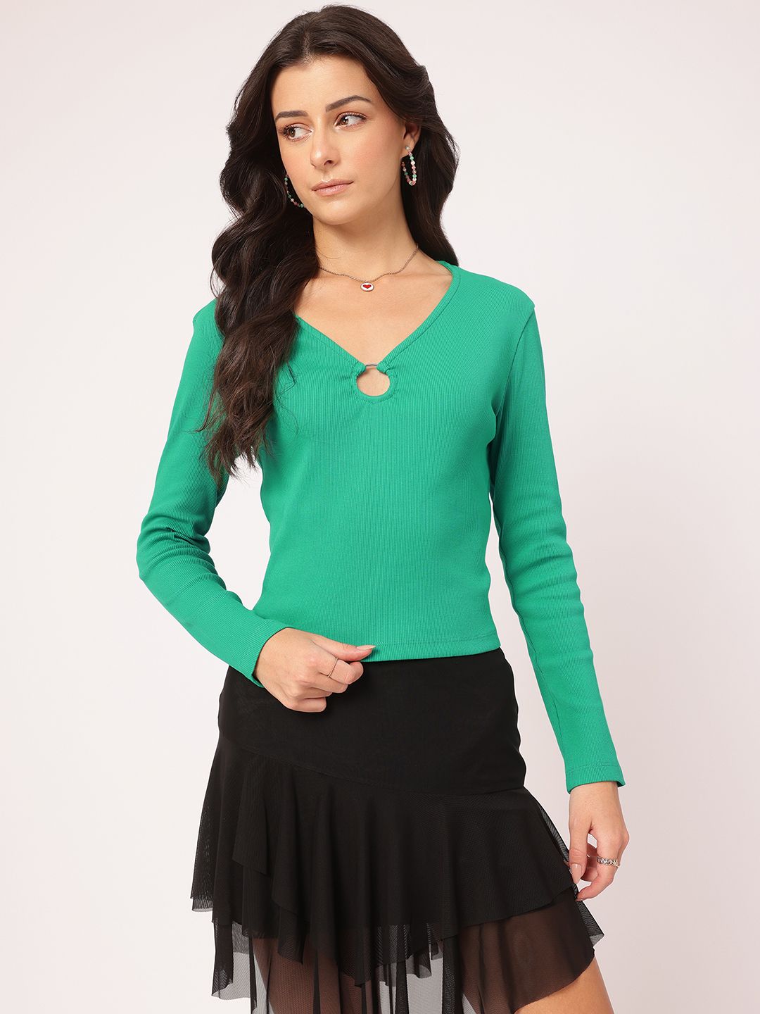 DressBerry Stylish Subtlety Ribbed Top with Ring Detail
