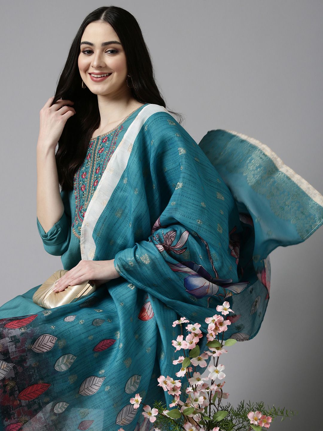 Anouk Sea Green Ethnic Motifs Embroidered Straight Kurta With Trousers & Dupatta