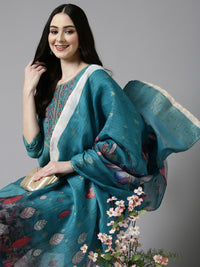 Anouk Sea Green Ethnic Motifs Embroidered Straight Kurta With Trousers & Dupatta