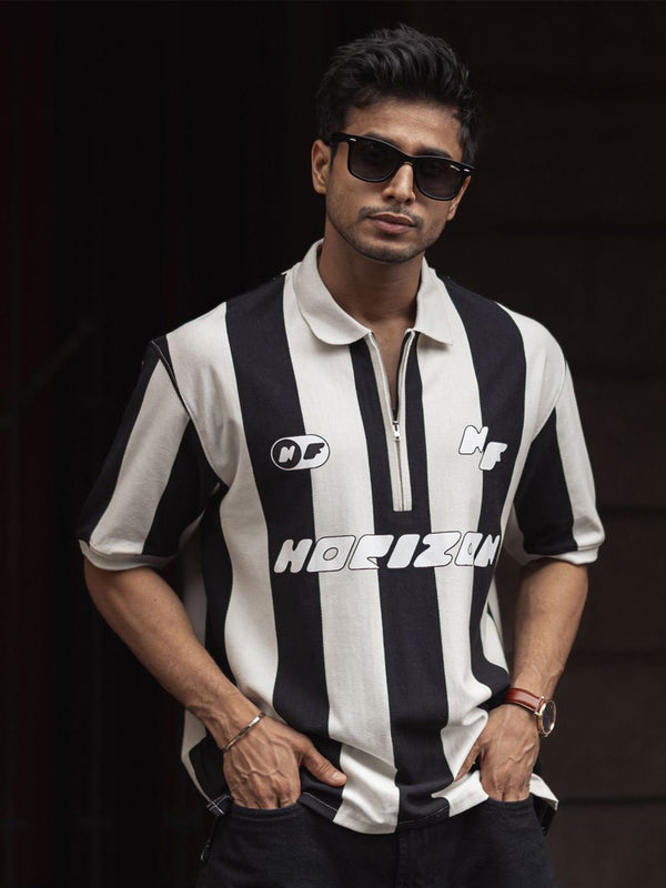 Powerlook Men Striped Polo Collar Cotton Oversized T-shirt