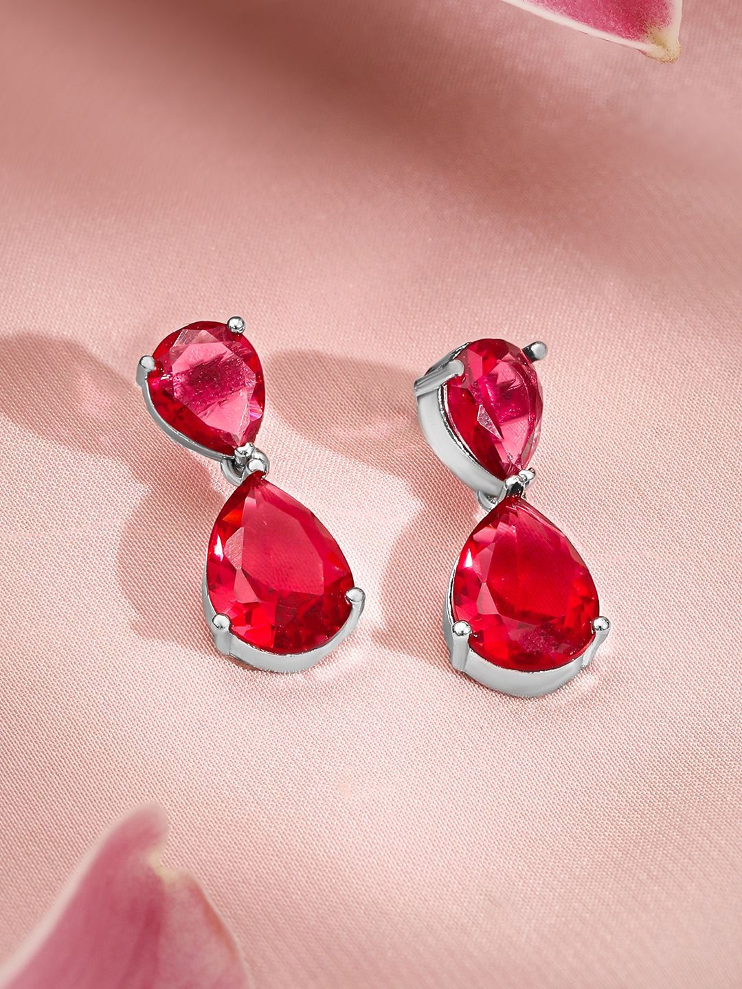 Rubans Premium Rhodium Plated Ruby Red Studded Statement Jewellery Set