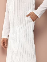 See Designs Mandarin Collar Striped Embroidered Kantha Work Pure Cotton Straight Kurta