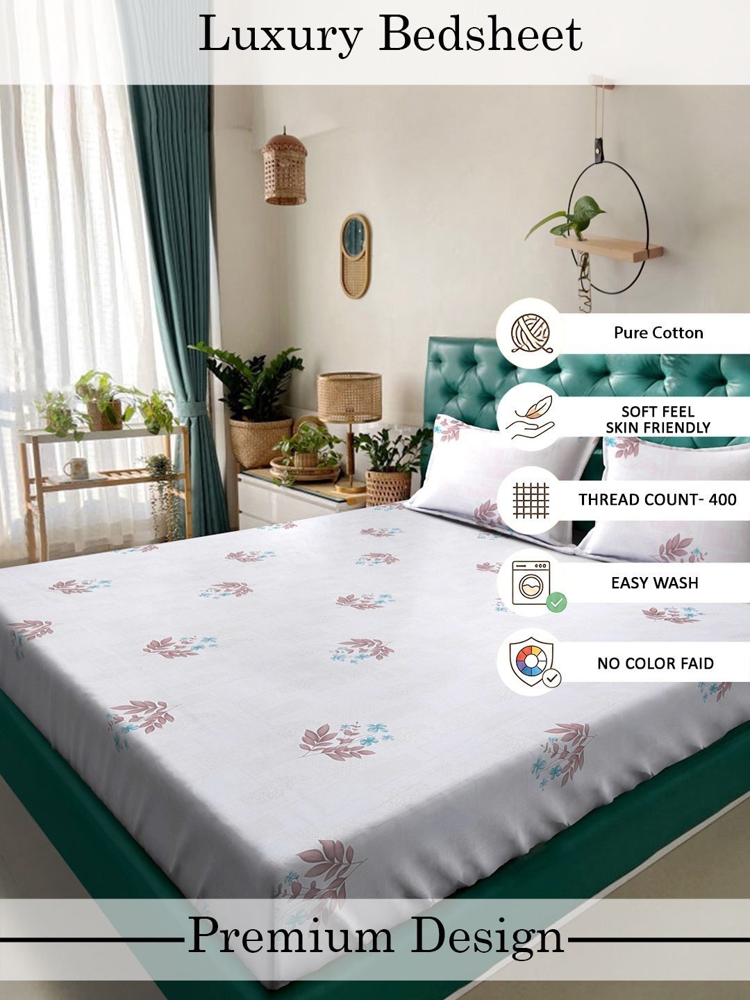 Myntra Elegant Homes White Floral 400 TC Cadar dengan 2 Sarung Bantal
