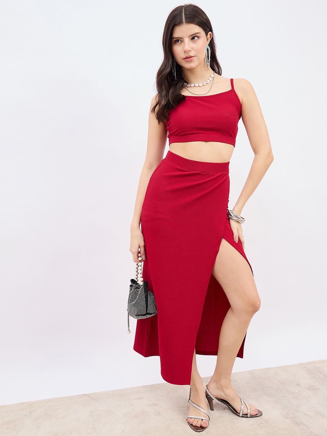 Berrylush Shoulder Straps Top With High Waist Split Thigh Skirt
