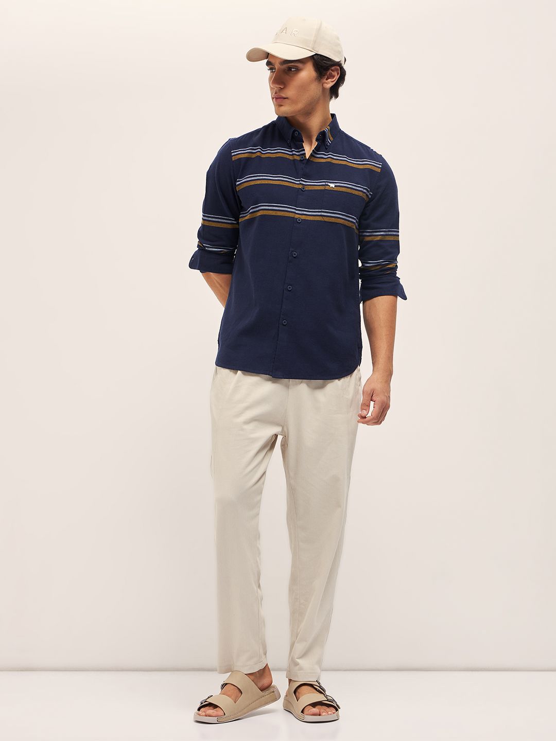 THE BEAR HOUSE Men Button-Down Collar Multi Striped Cotton Slim Fit Casual Shirt