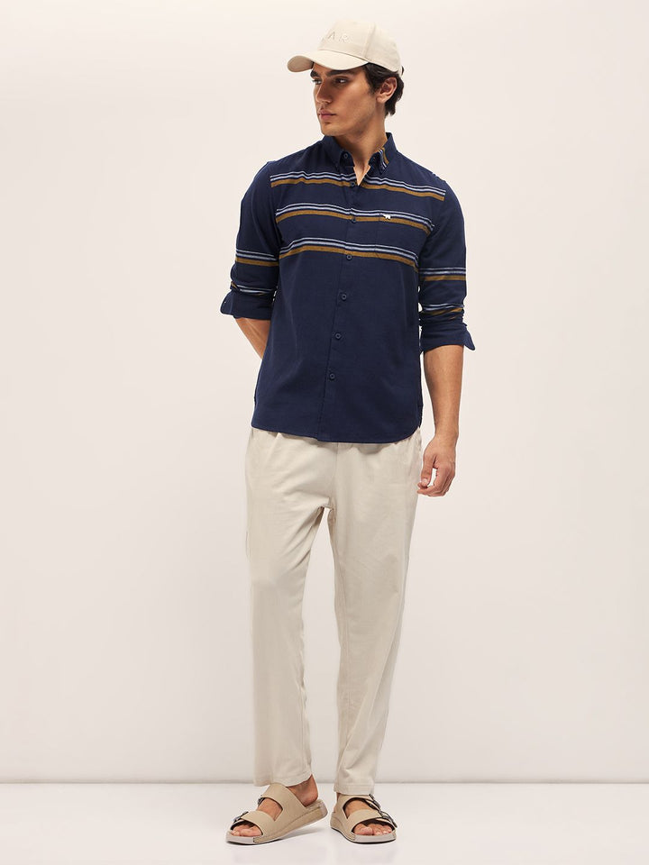 THE BEAR HOUSE Men Button-Down Collar Multi Striped Cotton Slim Fit Casual Shirt