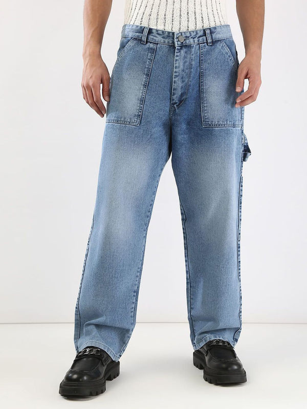 Urbano Fashion Men Light Blue Loose Baggy Fit Carpenter Cargo Jeans