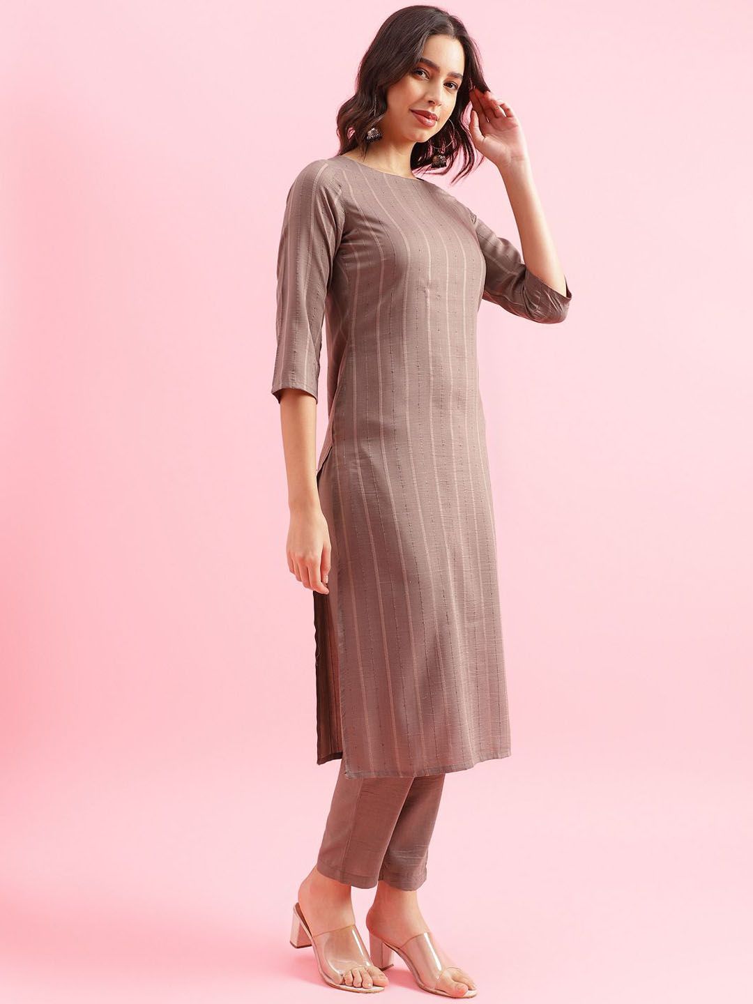 KALINI Striped Woven Design Kurta with Trousers