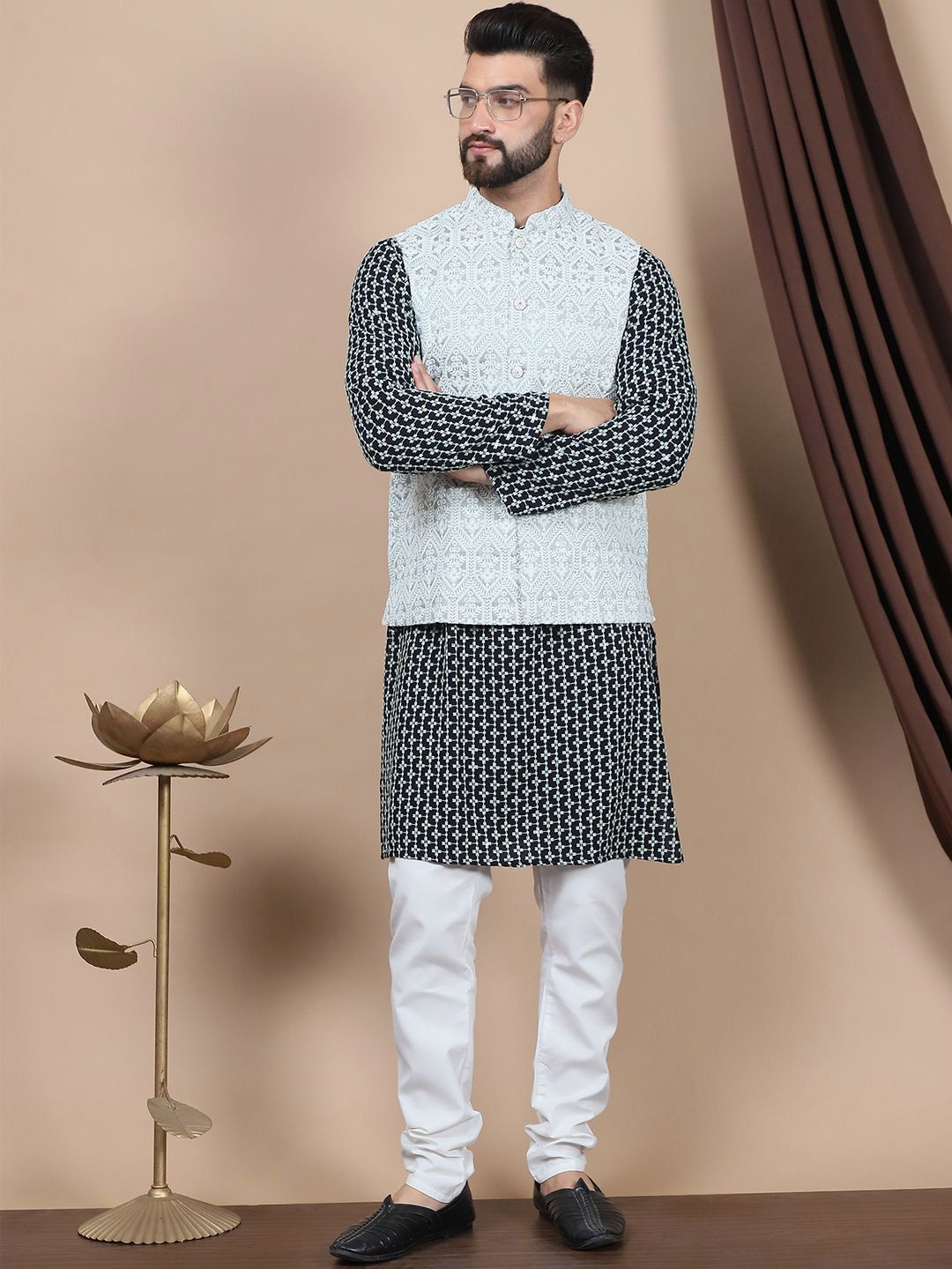 Anouk Green Ethnic Motifs Embroidered Straight Thread Work Pure Cotton Kurta with Churidar