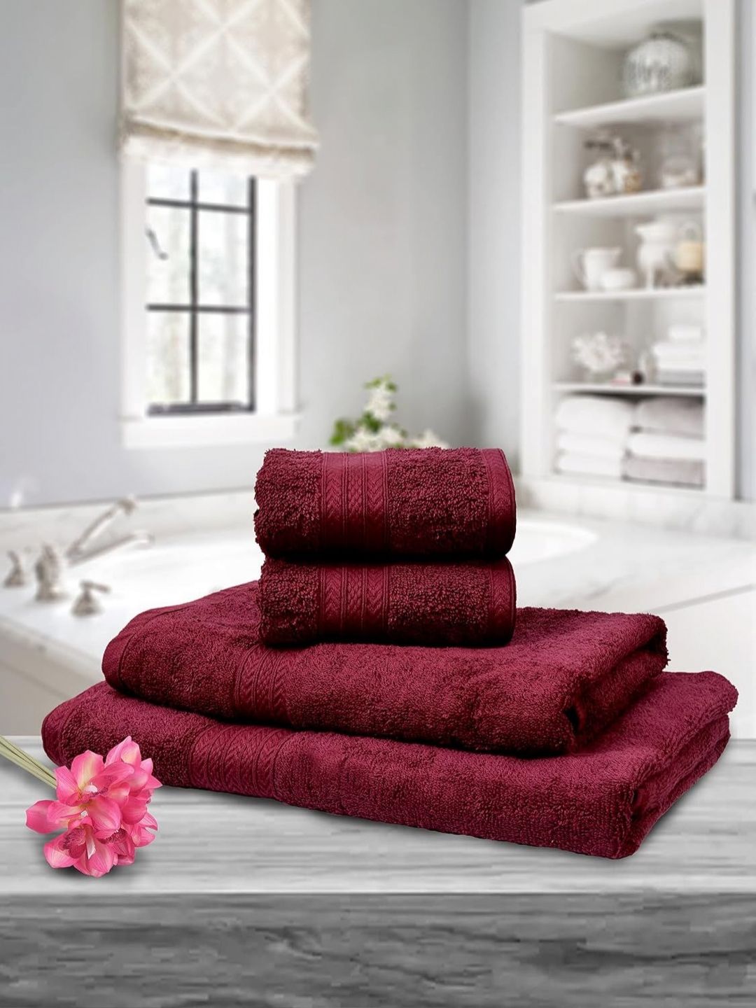 BOMBAY DYEING Tulip Maroon 4 Pieces Pure Cotton 450 GSM Towel Set