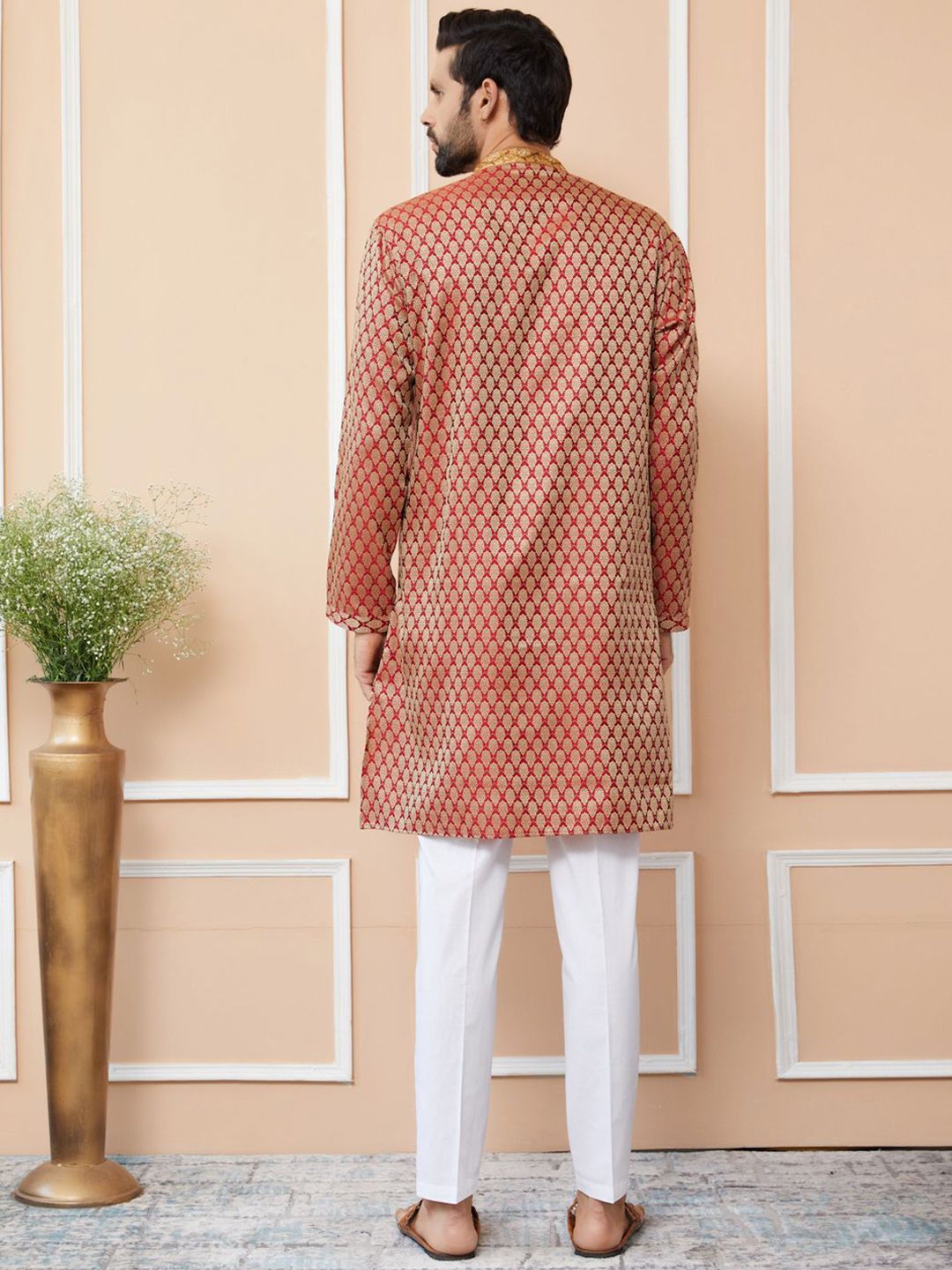 See Designs Ethnic Motifs Printed Mandarin Collar Jacquard Silk Straight Kurta
