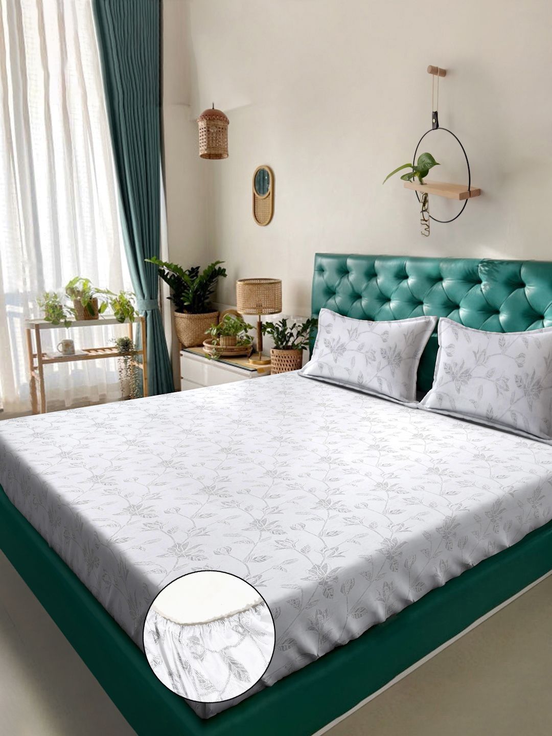Myntra Elegant Homes White Floral 400 TC Bedsheet with 2 Pillow Covers