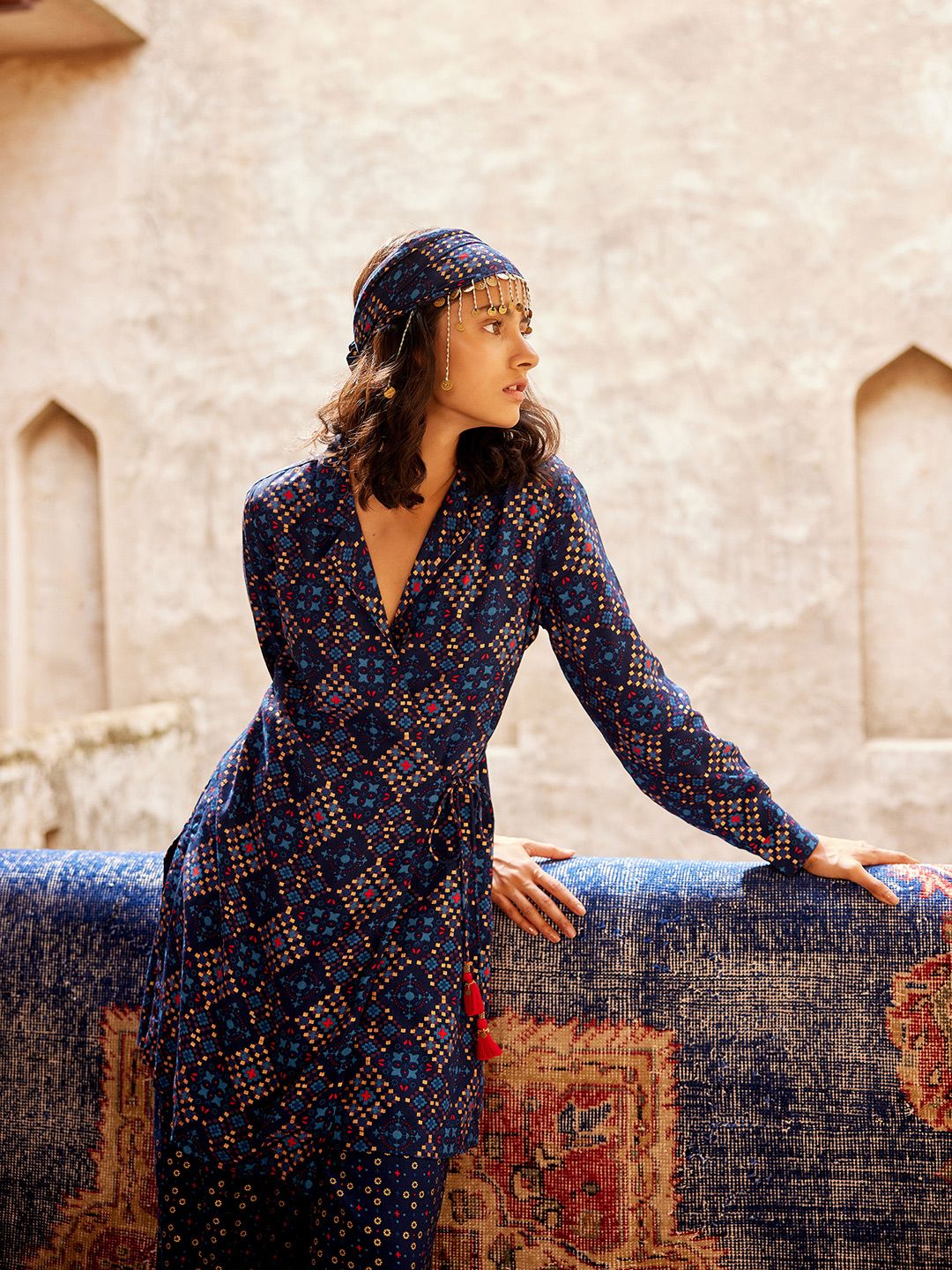 Global Desi Printed Lapel Collar Tunic With Trousers