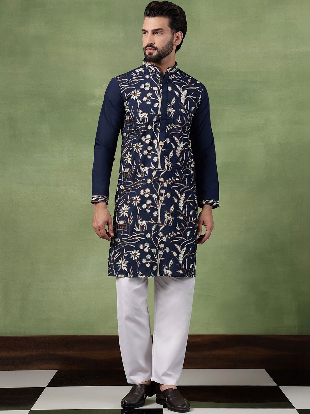 Anouk Men Animal Embroidered Regular Thread Work Pure Cotton Kurta with Pyjamas