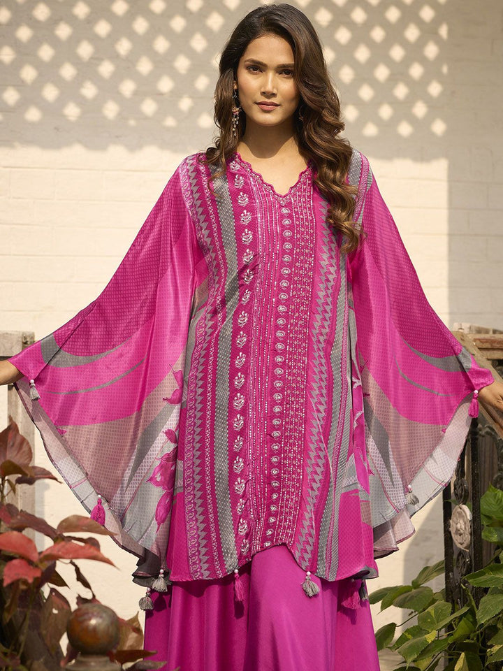Anouk Floral Printed V-Neck Pure Silk Top With Palazzo