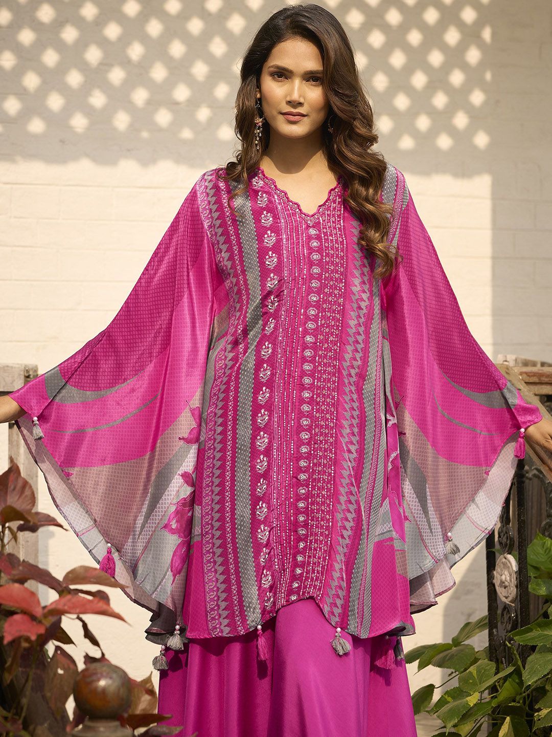 Anouk Floral Printed V-Neck Pure Silk Top With Palazzo