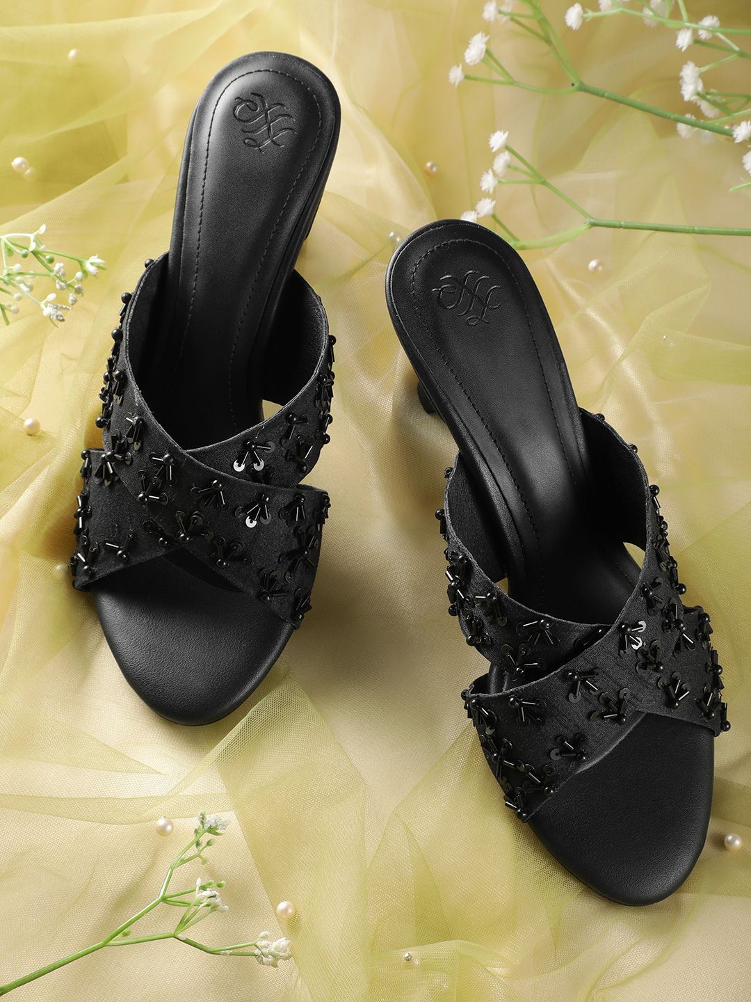 House of Pataudi Embellished Kitten Heeled Sandals