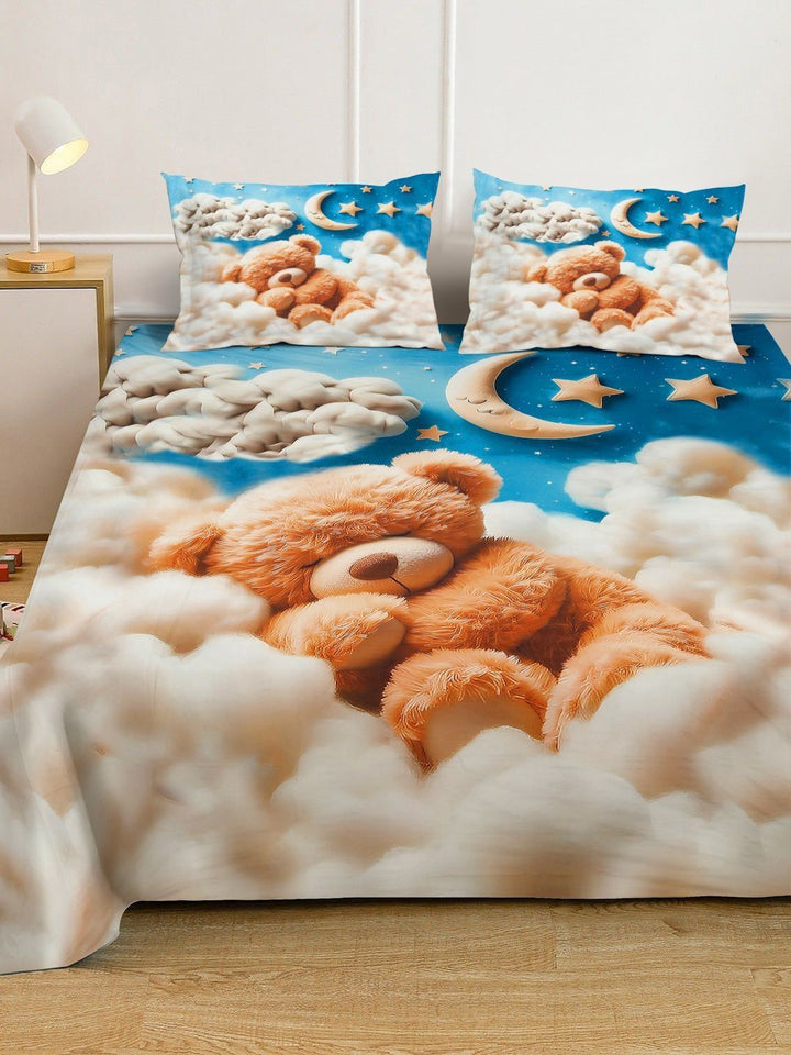 Cetakan Kartun Biru & Coklat Dilengkapi Cadar Katil King 7D 400 TC Double Dengan 2 Sarung Bantal