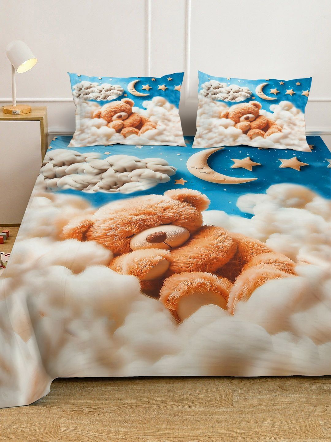 Blue & Brown Cartoon Printed Fitted 7D 400 TC Double King Bedsheet With 2 Pillow Covers
