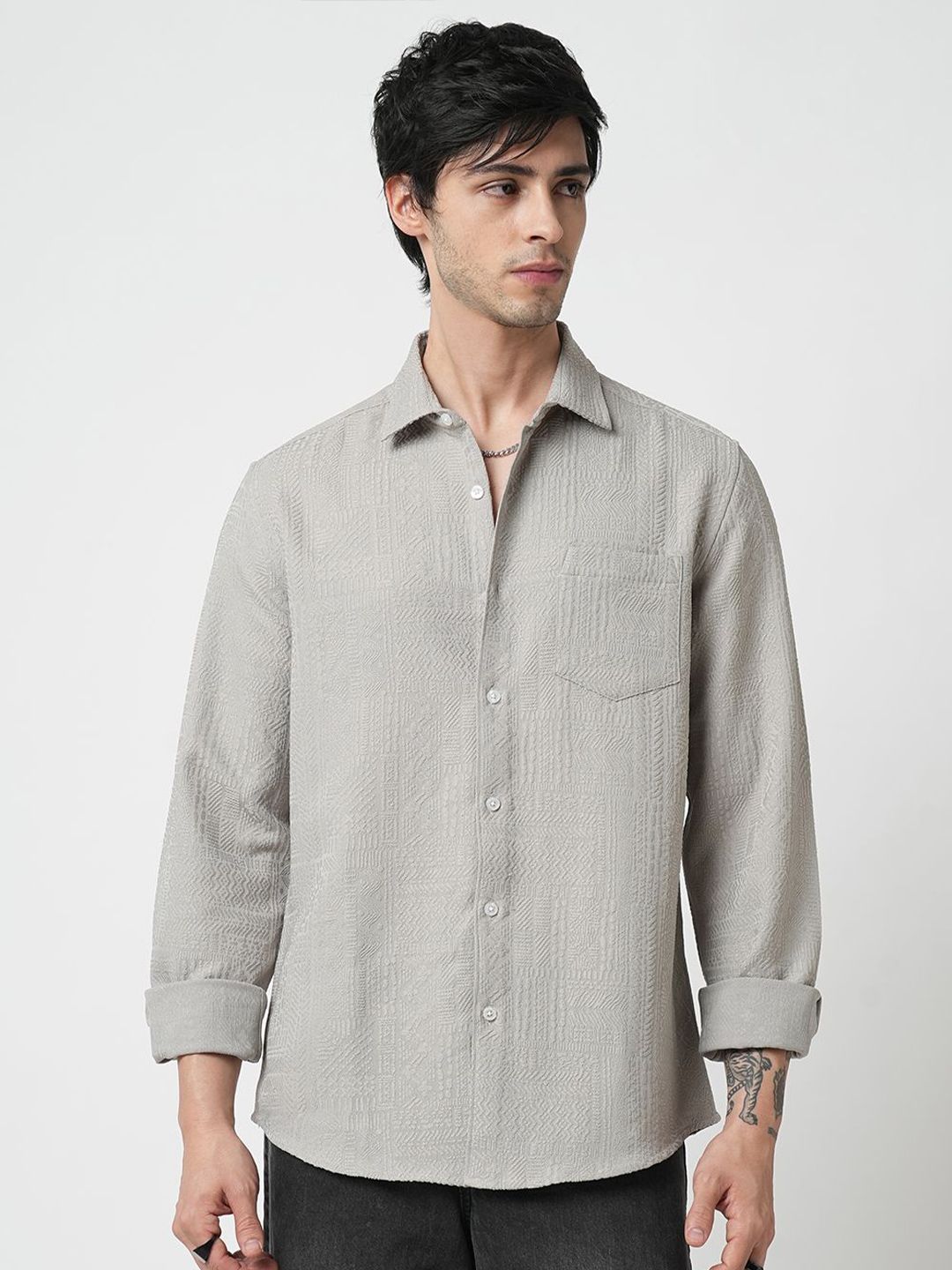 VASTRADO Men Classic Spread Collar Textured Slim Fit Casual Shirt
