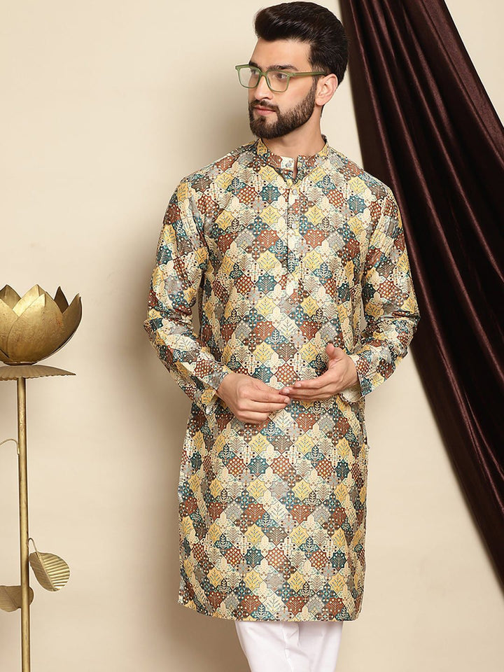 Anouk Green Ethnic Motifs Printed Mandarin Collar Long Sleeves Silk Cotton Straight Kurta