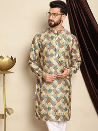 Anouk Green Ethnic Motifs Printed Mandarin Collar Long Sleeves Silk Cotton Straight Kurta