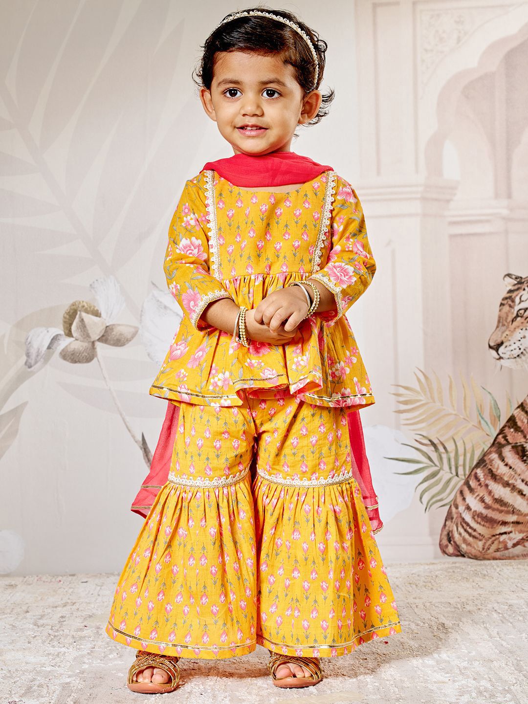 VASTRAMAY Girls Floral Printed Cotton Anarkali Kurta with Sharara & Dupatta