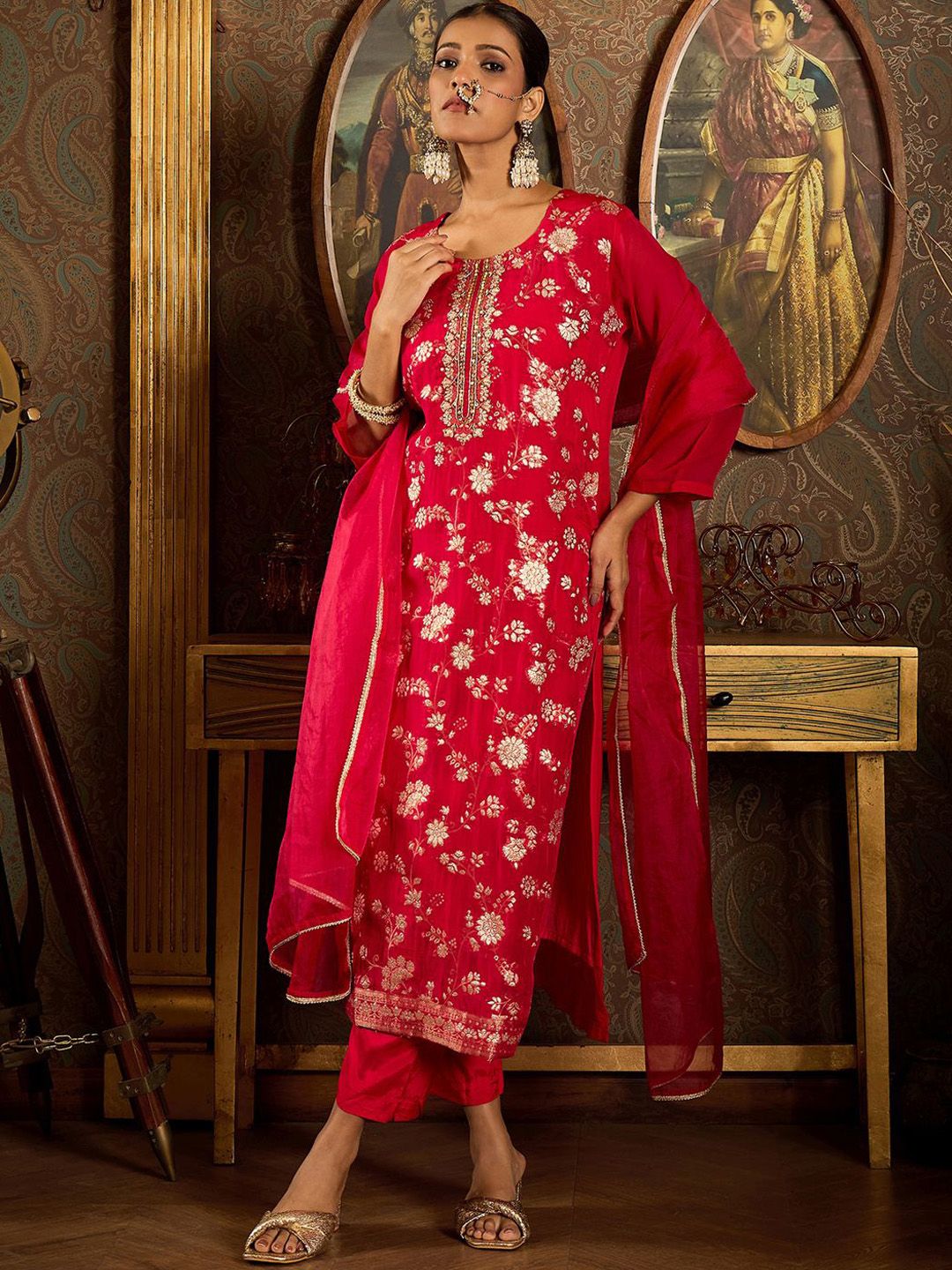 Indo Era Floral Zari Embroidered Straight Kurta with Trouser & Dupatta