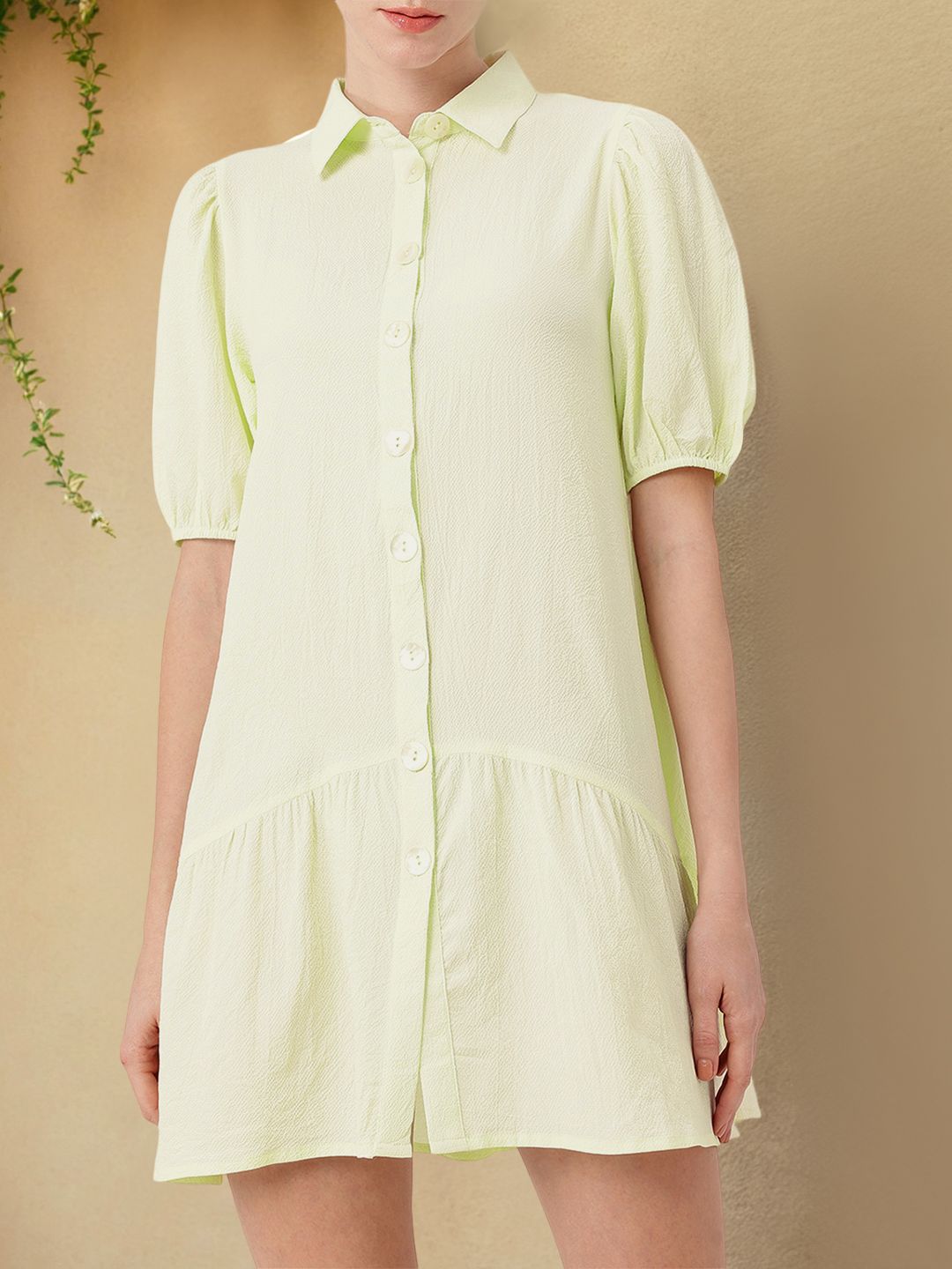 DressBerry Playful Puffed Sleeves Gathers Crepe Shirt Style Mini Dress