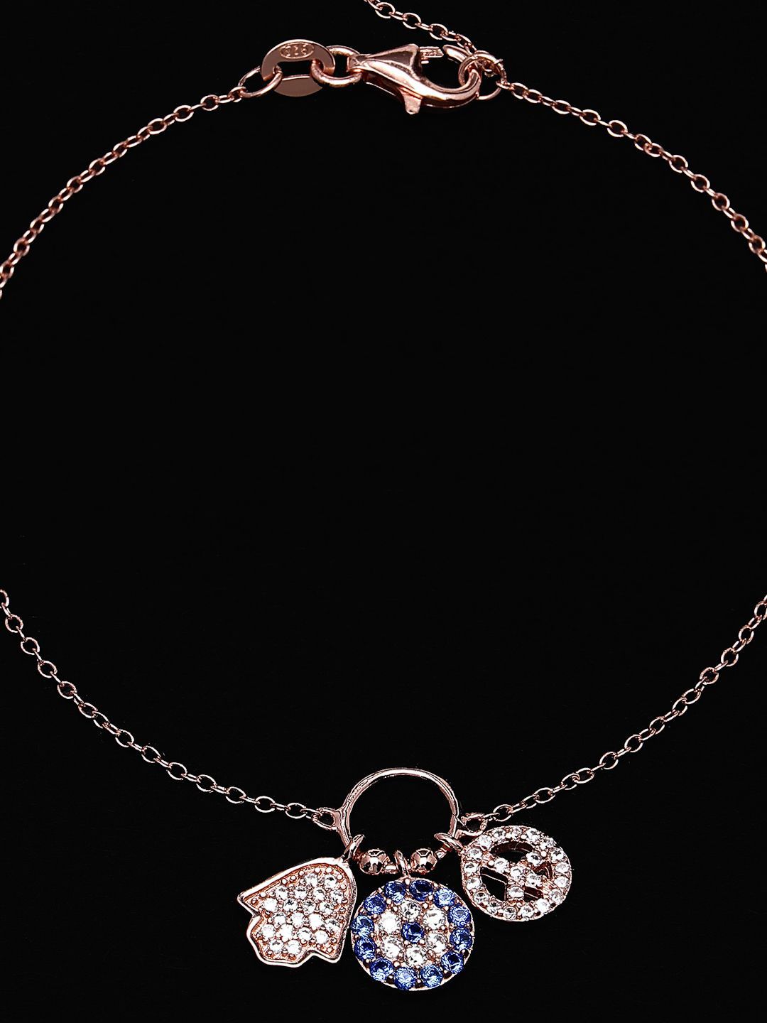 PANASH 925 Sterling Silver Rose Gold-Plated CZ-Studded Charm Bracelet