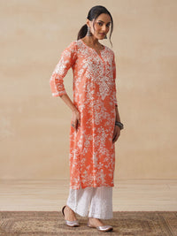 Rumah Wanita Chikankari Kurta Bersulam Mulmul Chikankari Jingga