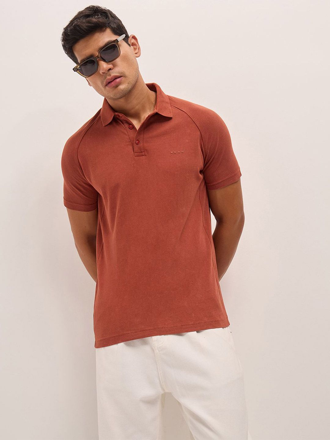 THE BEAR HOUSE Men Solid Polo Collar Pure Cotton T-shirt
