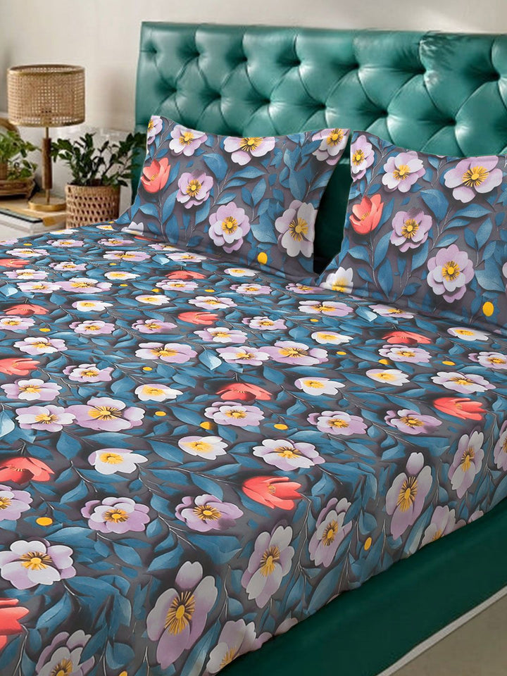 KLOTTHE Blue & Yellow Floral Printed 300 TC King Double 7D Bedsheet With 2 Pillow Cover