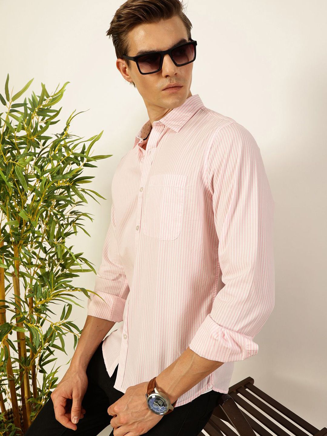 Thomas Scott Men Smart Spread Collar Vertical Striped Cotton Slim Fit Casual Shirt