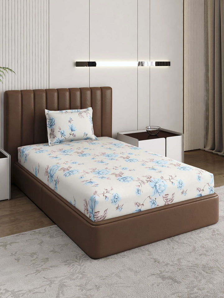 Monte Carlo Off White & Blue Floral Printed 120 TC Single Bedsheet Set 1.52 m x 2.30 m