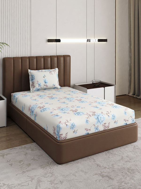 Monte Carlo Off White & Blue Floral Printed 120 TC Single Bedsheet Set 1.52 m x 2.30 m