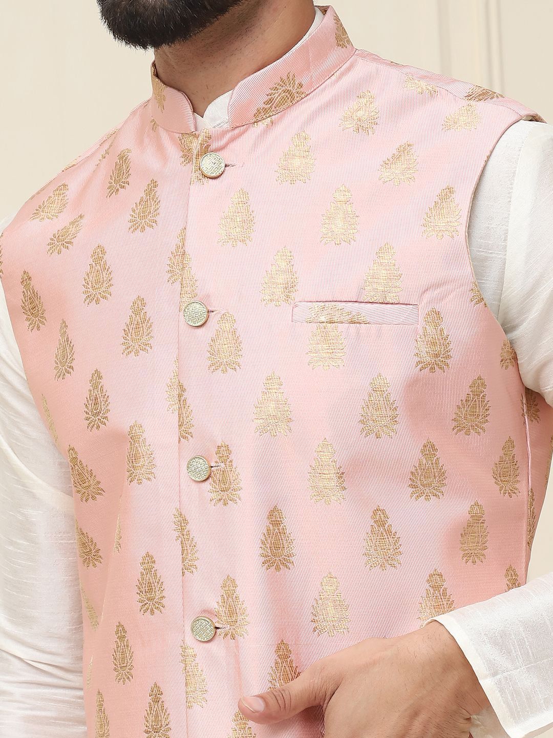 SOJANYA Mandarin Collar Silk Cotton Straight Kurta dengan jaket Churidar & Nehru