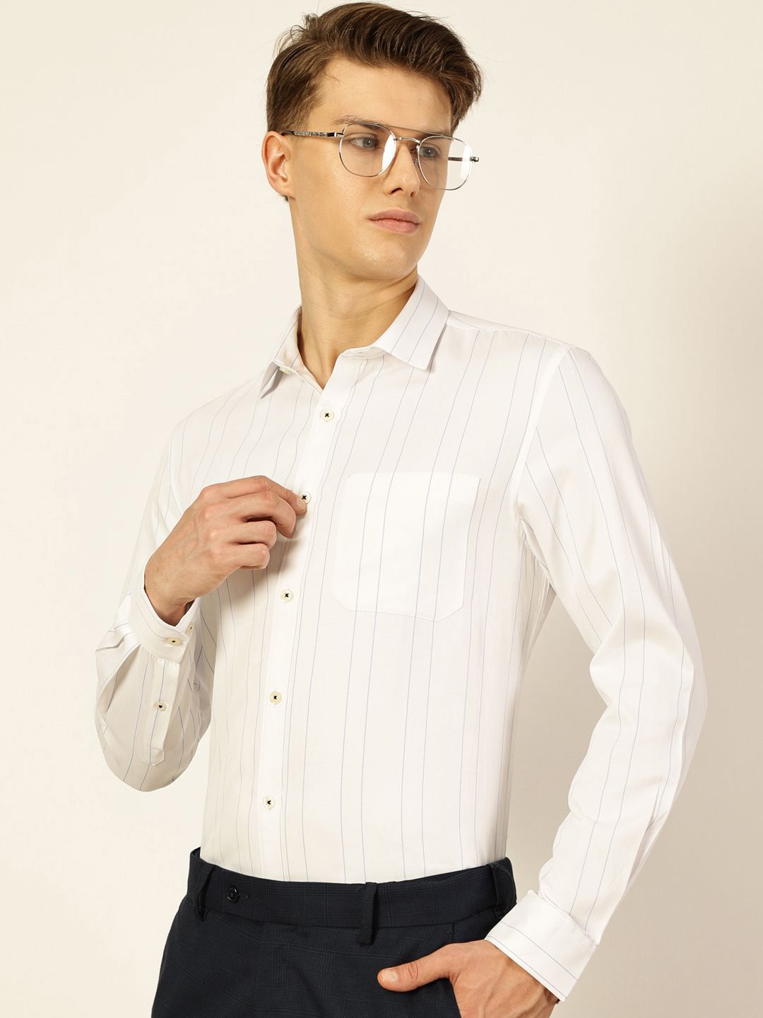 Thomas Scott Men Smart Spread Collar Vertical Striped Cotton Formal Shirt