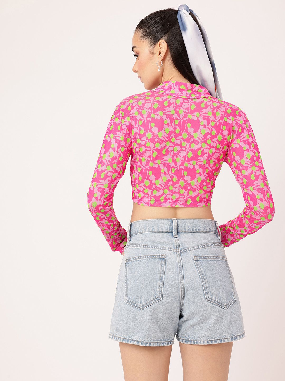 DressBerry Gentle Bloom Printed Soft Mesh Semi Sheer Fitted Crop Top
