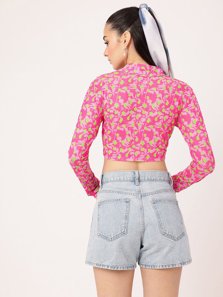 DressBerry Gentle Bloom Printed Soft Mesh Semi Sheer Fitted Crop Top