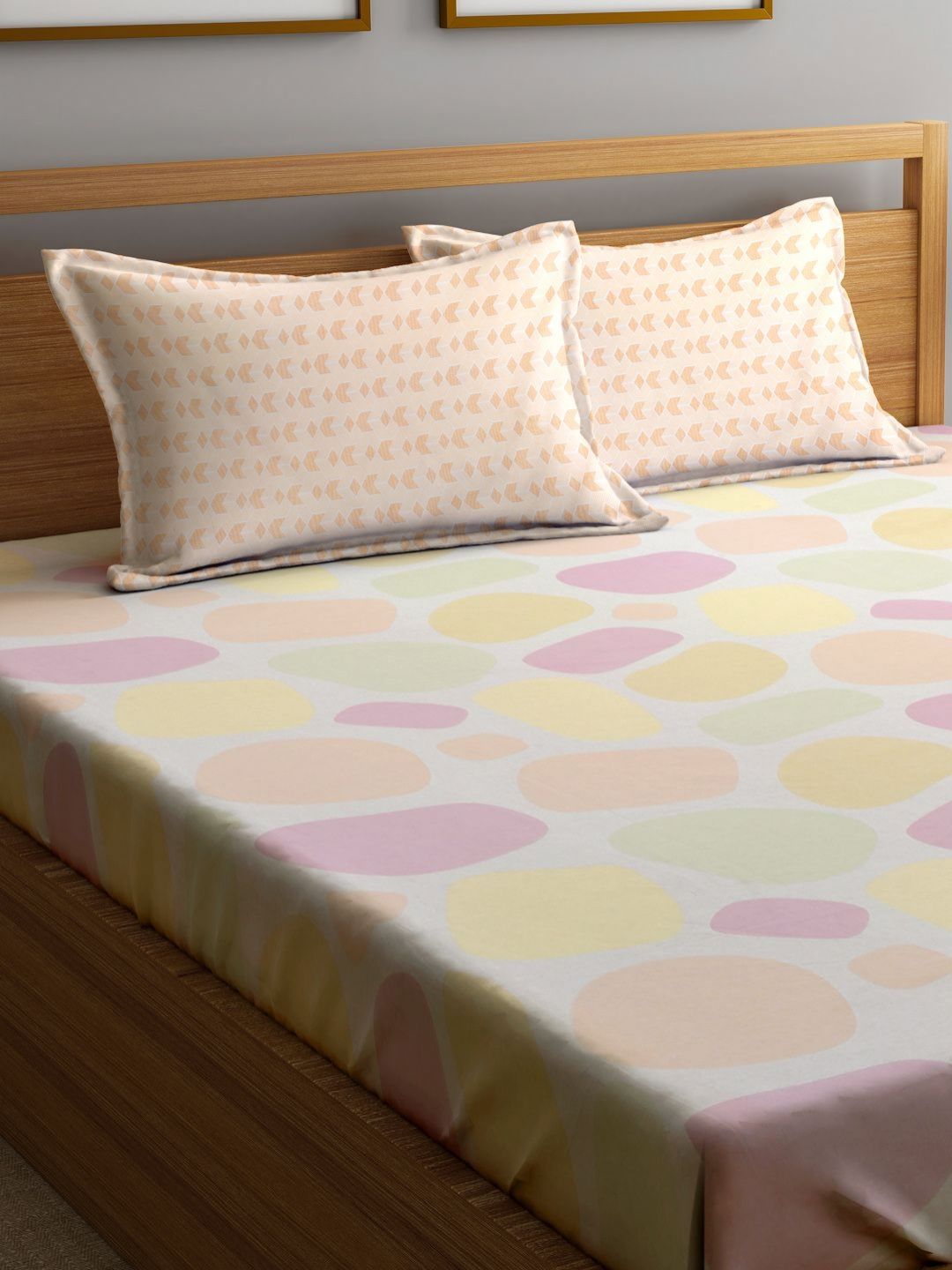 Myntra Elegant Homes White Abstract 300 TC Fitted King Fine Bedsheet with 2 Pillow Covers