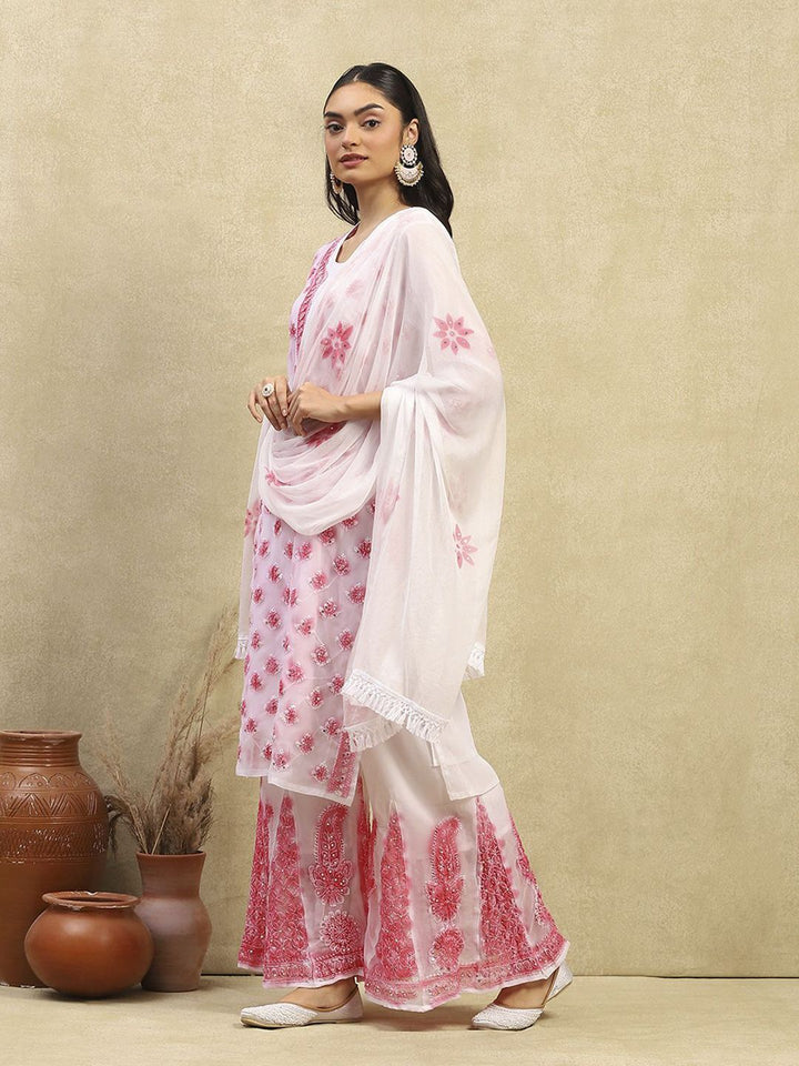 House of Chikankari Women White & Pink Georgette Chikankari Sulam Set Kurta