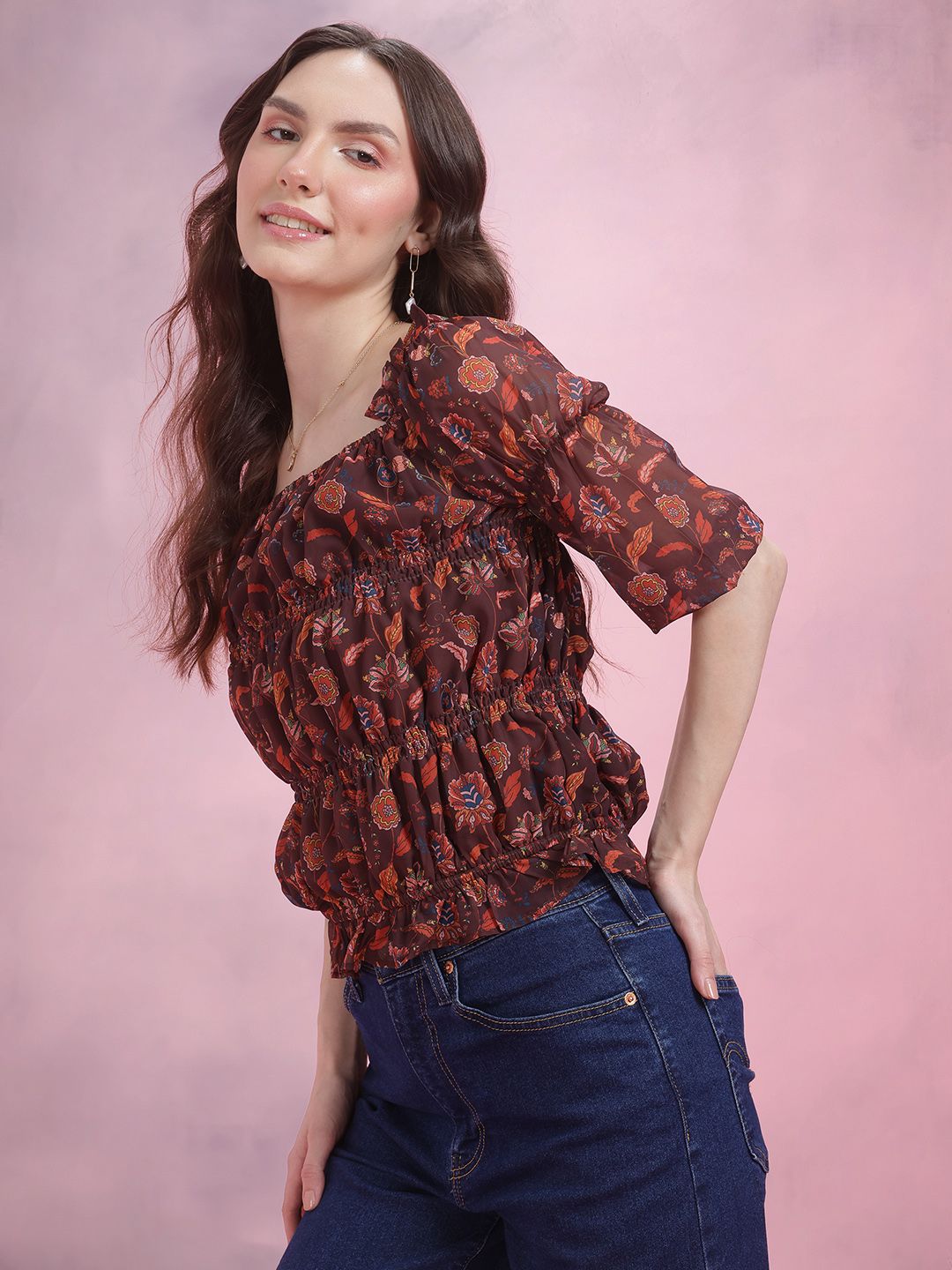 DressBerry Floral Print Smocked Puff Sleeve Top