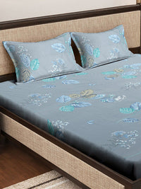 KLOTTHE Blue & Teal Green Floral Printed 400 TC Fitted King Bedsheet with 2 Pillow Covers